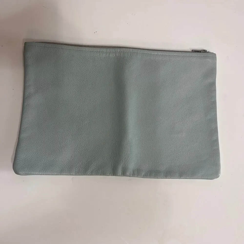 American Apparel 100% Leather Zip Pouch Clutch Blue Made in USA Minimalist